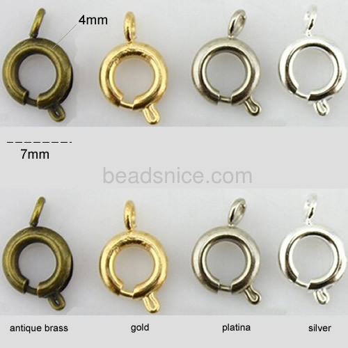 Brass spring ring clasp, 7mm,inside diameter 4mm,hole:about 2mm, nickel free,lead safe,