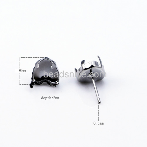 Earring Post stud cabochon setting brass heart-shaped without earnut muti-color for choice