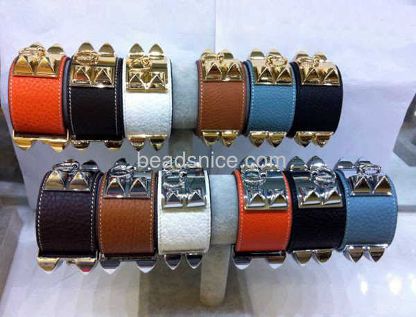 Large rivets wide leather bracelet titanium steel rings embossed metal bracelet