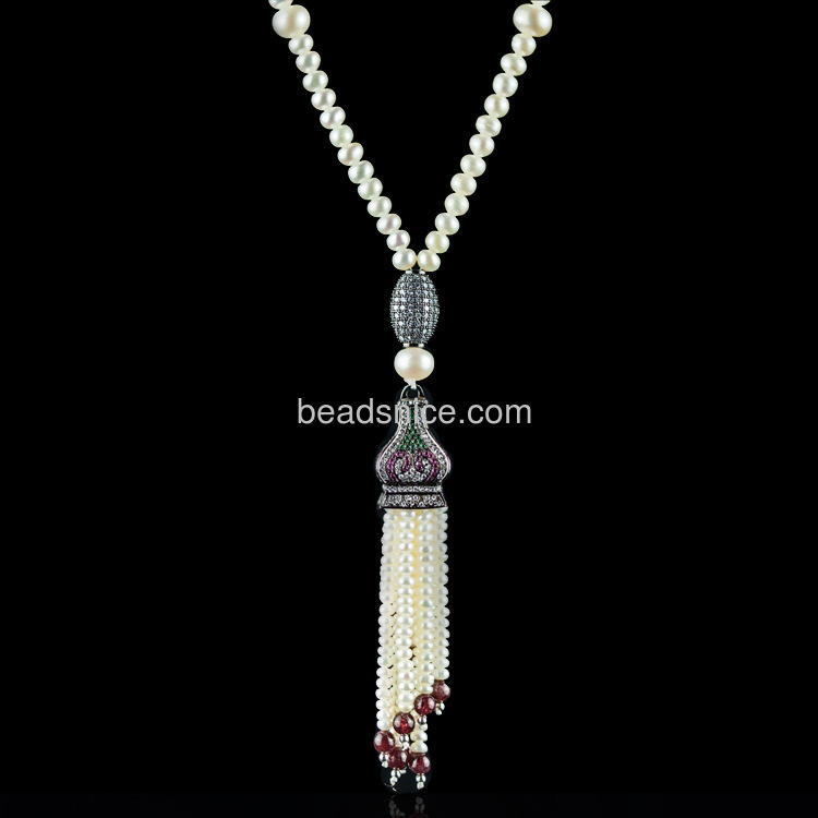 Long necklace perfume tassel pendant 925 silver vintage pearl necklace