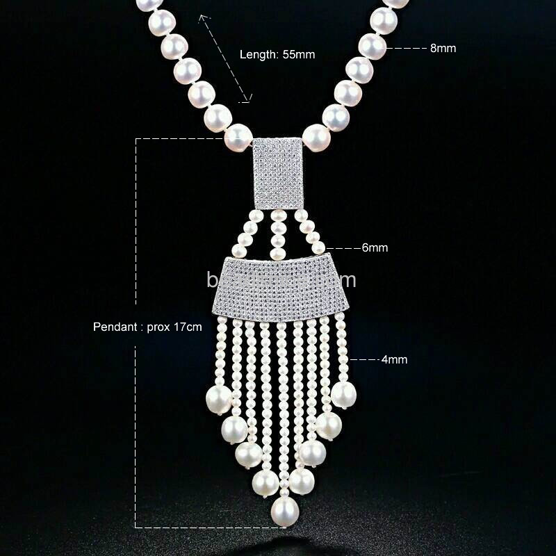Long pearl necklace with micro pave 925 silver pendant luxury statement necklace women