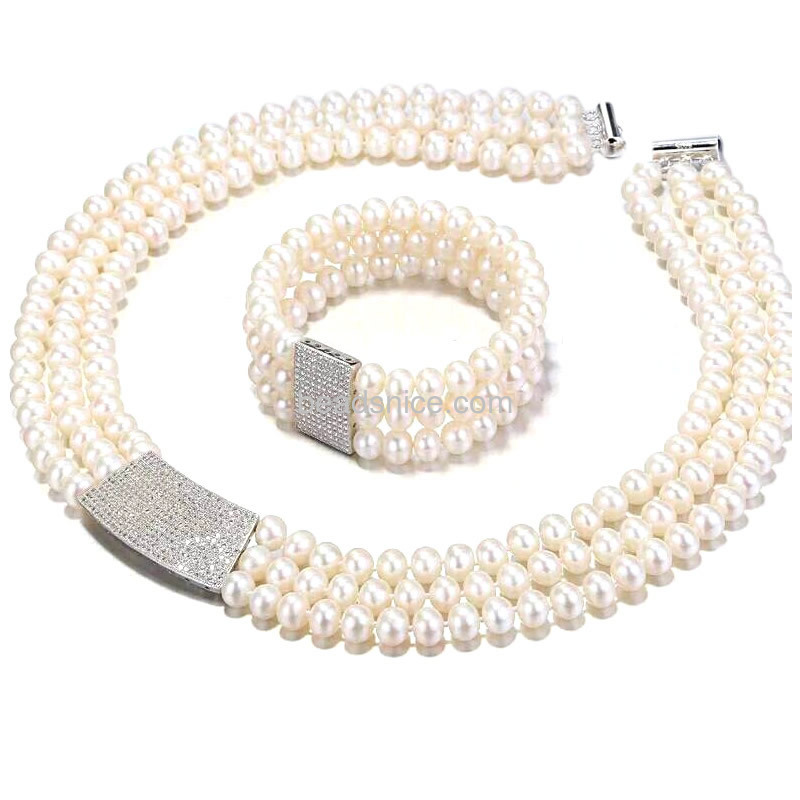 Pearl jewelry sets wholesale long silver necklace bracelet with micro pave 925 sterling silver pendant