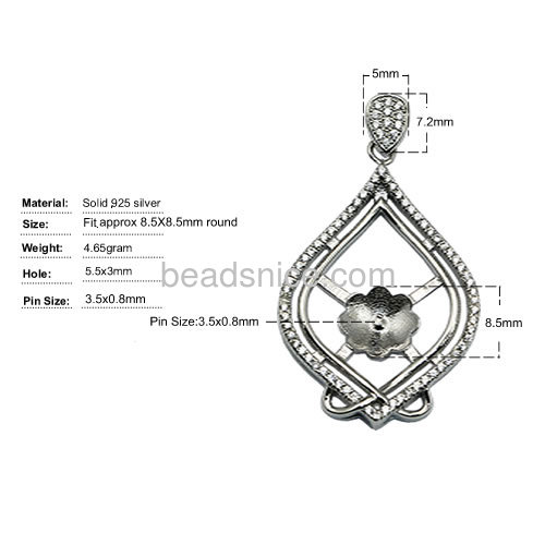 Fine jewelry pendants setting 925 silver micro pave with teardrop-shaped  41.5x22mm pin size3.5x0.8mm