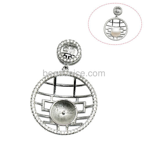 New fine long necklace pendant setting micro pave 925 sterling silver 31.5x24.5mm pin 3.5x1mm
