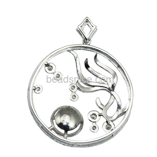 New charming jewelry pendants setting 925 sterling silver micro pave for half-drilled pearl round 42x33.5mm pin 4x1mm