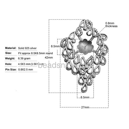 Unique jewelry mountings 925 silver cz micro pave pendant setting 42X27mm pin size 0.8X2.5mm