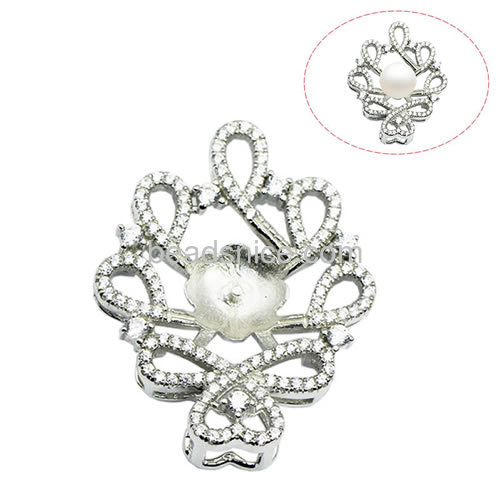 Necklace pendant base 925 sterling silver micro pave pearl setting round 31.5x24.5mm pin 2x0.8mm