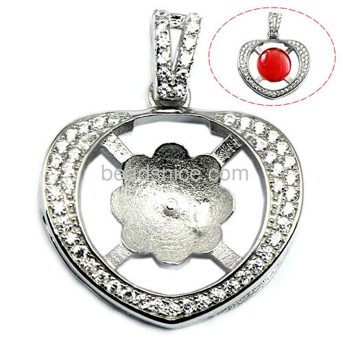 New 925 sterling silver jewelry heart pendant setting for woman necklace making micro pave 24.5X19mm pin size 1X0.8mm