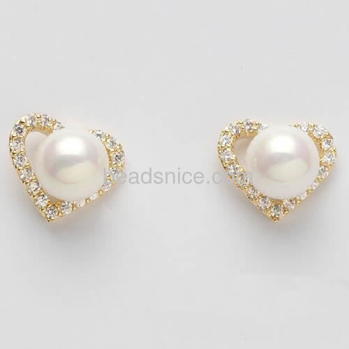 Pearl earring heart stud earring wedding wholesale fashion jewelry components brass DIY gift for bride