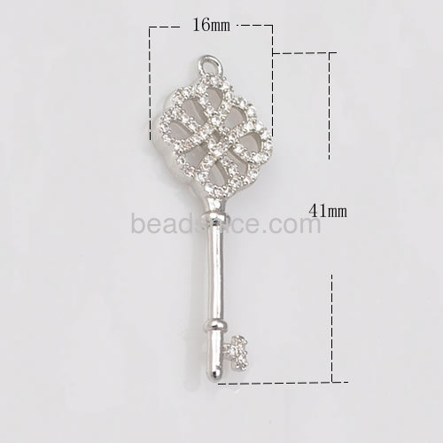 Silver key necklace pendant fashion micro CZ pave hollow design wholesale jewelry pendants components sterling silver DIY