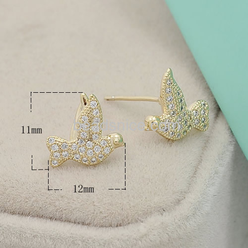 Dove stud earrings cute animal shape flying pigeon earring wholesale jewelry components brass gift for her