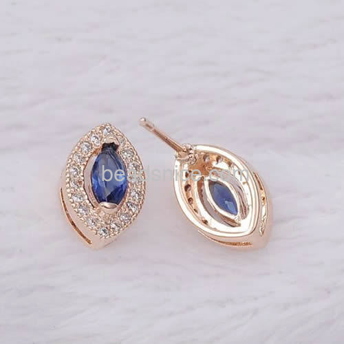 Fahion stud earrings micro pave CZ frame inlay blue glass stone wholesale fashion earring jewelry findings brass oval shape