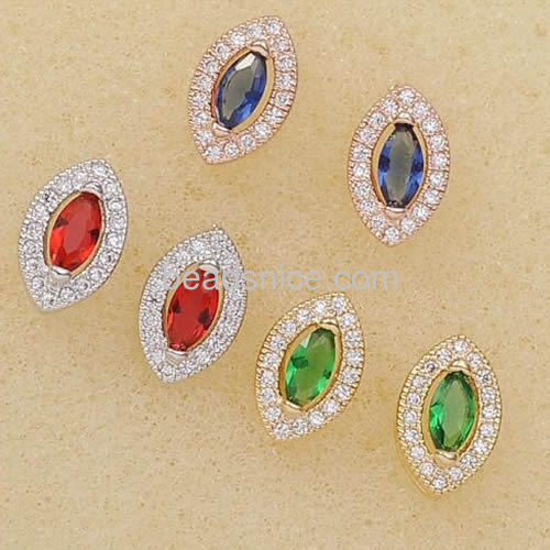 Fahion stud earrings micro pave CZ frame inlay blue glass stone wholesale fashion earring jewelry findings brass oval shape