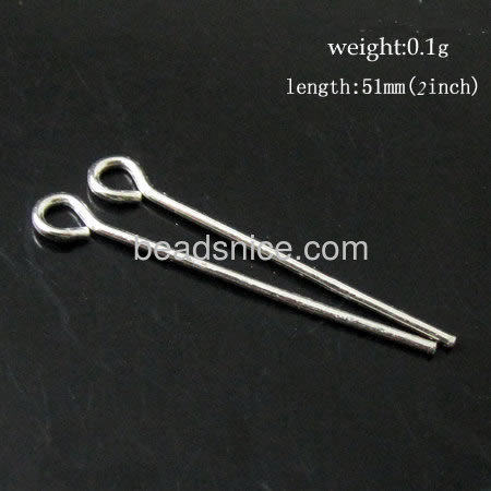 925 Sterling Silver Eyepins, 50x0.7mm, Hole:Approx 1.5mm,