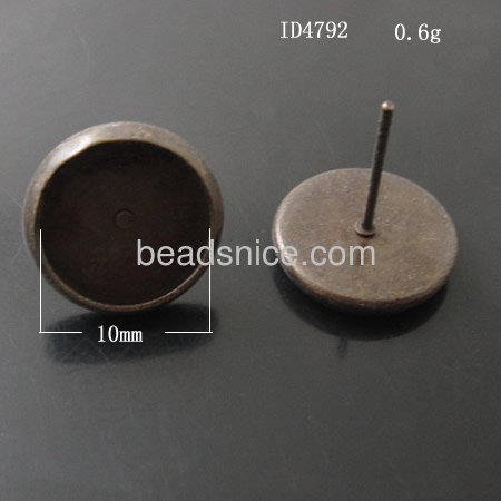 Brass Stud Earring Post,flat round, cabochon setting, without earnut & with steel pin, more plated colors for choice