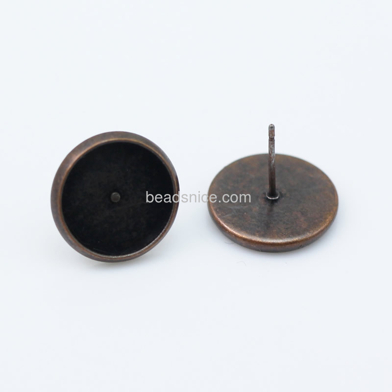 Earring Mounting,flat round, cabochon setting, without earnut & with steel pin, more plated colors for choice