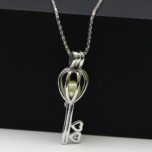 925 Sterling Silver Key Shape Hollow Ball Cage Necklace Pendants