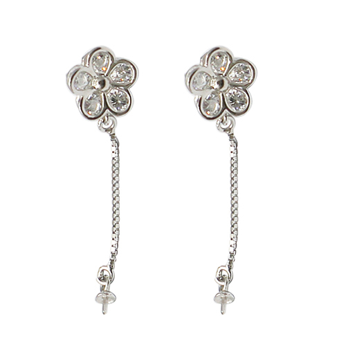 925 Sterling Silver Flower Pearl Pendant Bail Long Chain Dangle Earrings
