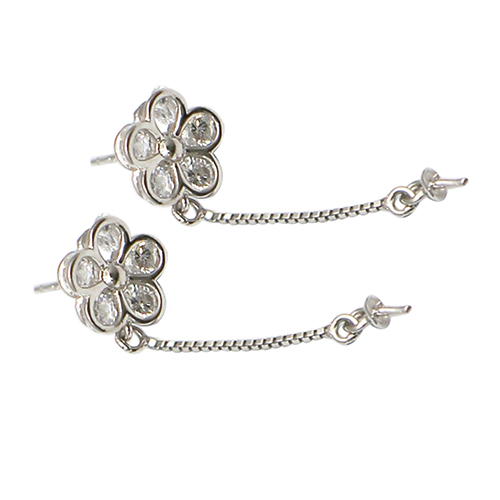 925 Sterling Silver Flower Pearl Pendant Bail Long Chain Dangle Earrings