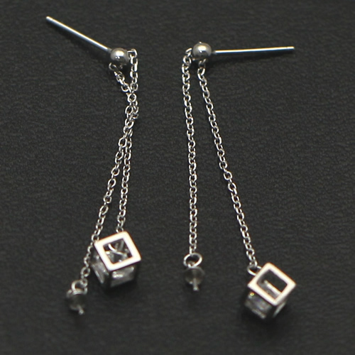 925 Sterling Silver Long Chain Pull Through Square Pendant Charm Threader Earring