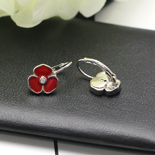 925 Sterling Silver Cute Red Flower Earrings Unique Gift Ideas Ear Hook 3 Petal Leverback Earrings Hooks
