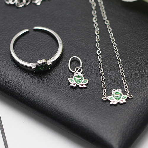 925 Sterling Silver Children's Jewelry Sets Smooth Glossy Frog Charm Pendant Necklace&Ring for Pretty Kids