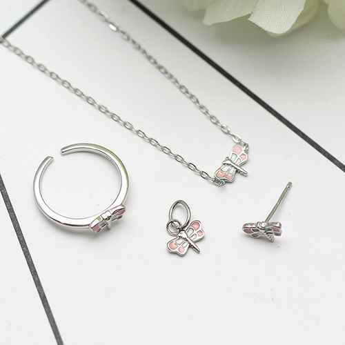 925 Sterling silver Jewelry Sets with pink butterfly Pendant Necklace Earrings Rings Cute Children Gifts