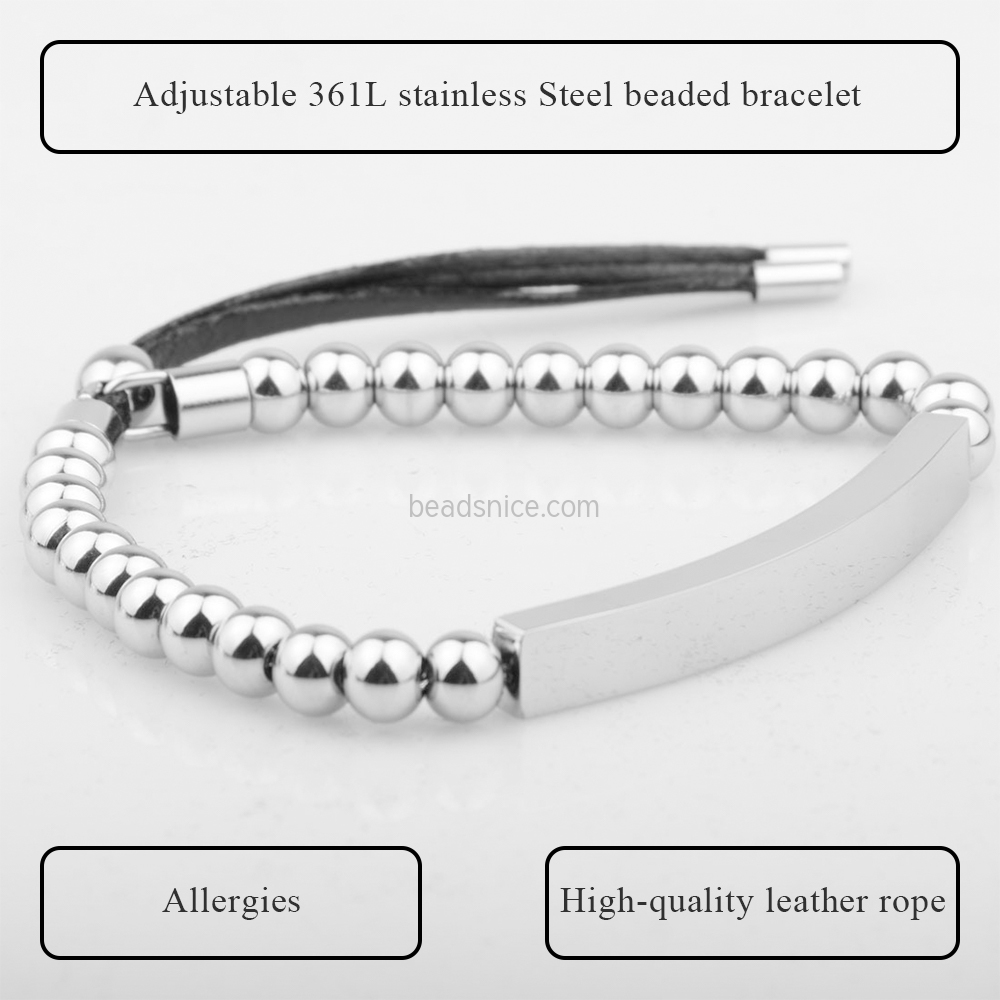 Adjustable 361L stainless Steel beaded bracelet for Men and Women（6mm steel ball）
