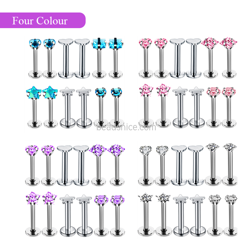 Stainless Steel stud ear 12-Piece round Heart-Shaped Five-Pointed Heart-Shaped Square Lip stud ,with Zircon