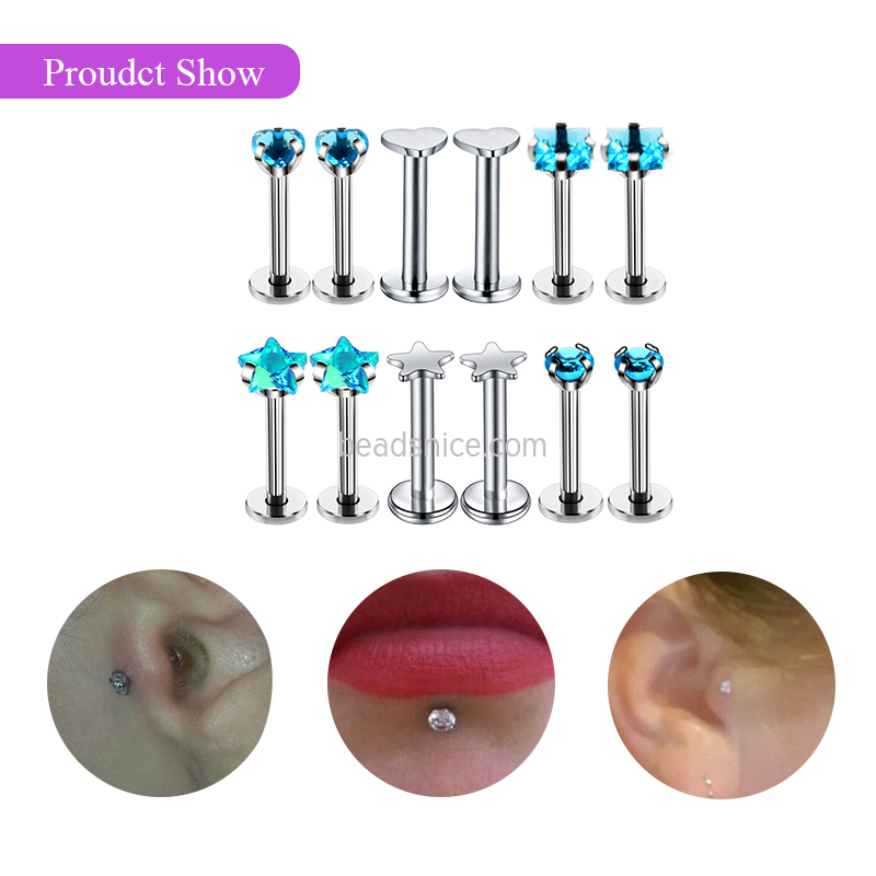 Stainless Steel stud ear 12-Piece round Heart-Shaped Five-Pointed Heart-Shaped Square Lip stud ,with Zircon