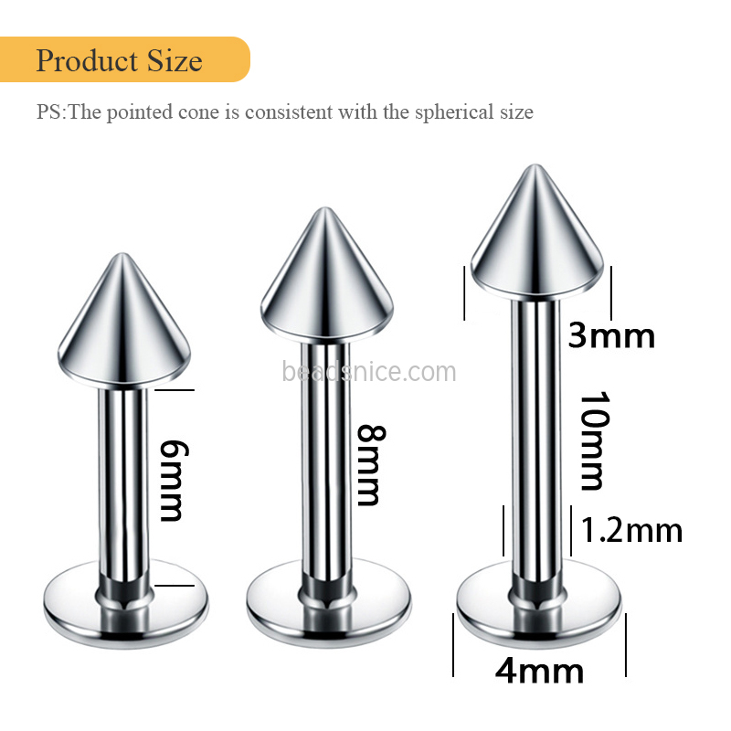 Stainless Steel Pointed Cone Spherical Multi-Color Piercing Ornament Lip stud