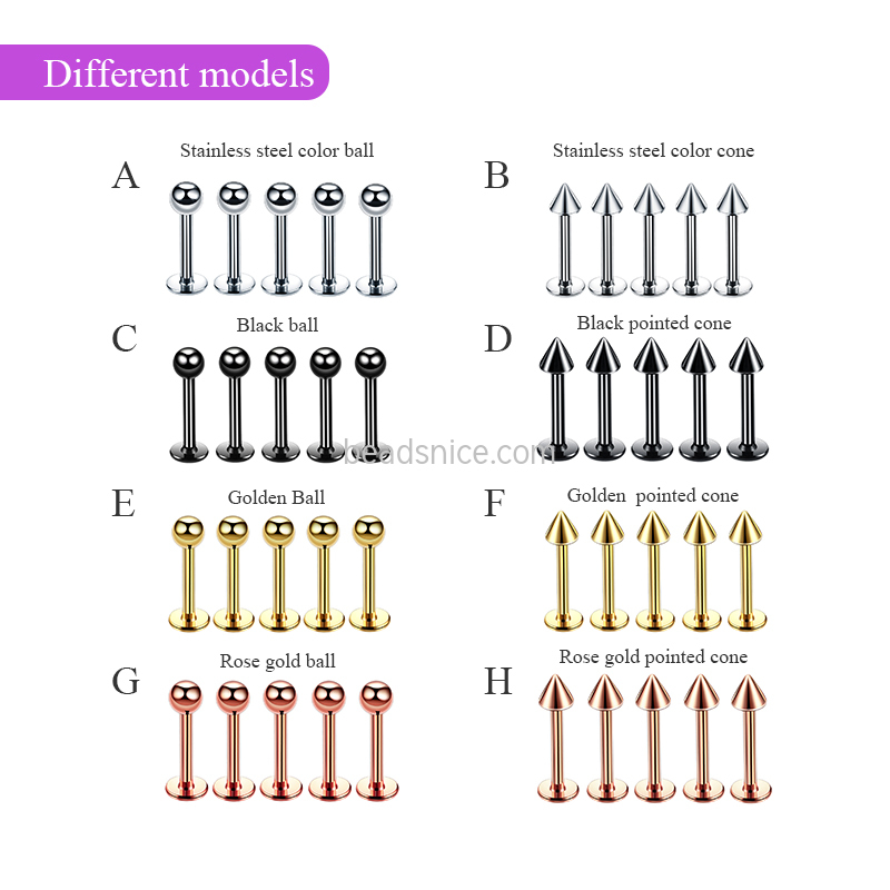Stainless Steel Pointed Cone Spherical Multi-Color Piercing Ornament Lip stud