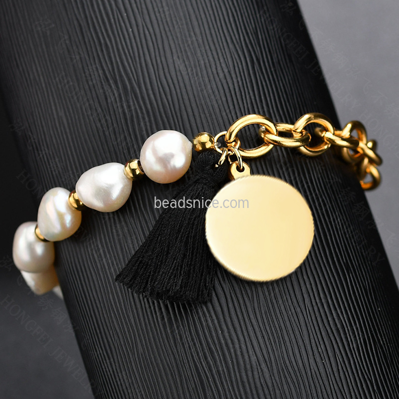 Fashion Pearl Stainless Steel Bracelet Black Rope Tassel