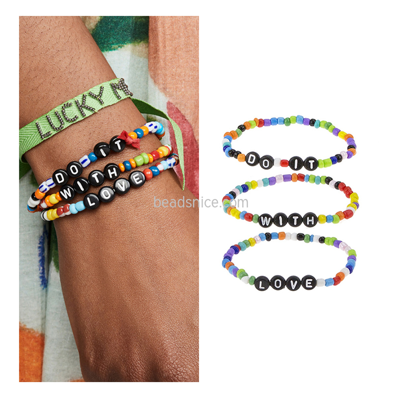 Boho style English alphabet color rice beads set bracelet