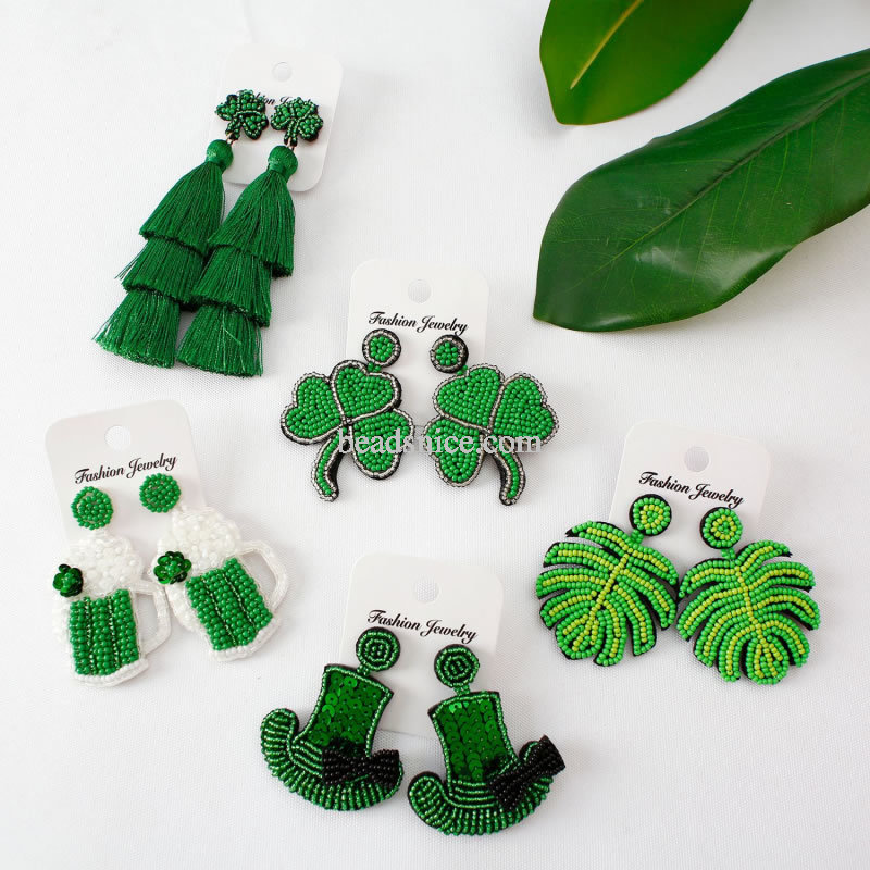 Patricks Day Earrings Green Beaded Shamrock Earrings Handmade Good Luck Clover Dangle Earrings Funny Irish Holiday Pa