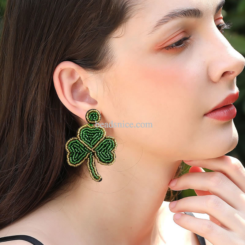 Patricks Day Earrings Green Beaded Shamrock Earrings Handmade Good Luck Clover Dangle Earrings Funny Irish Holiday Party Jewelry