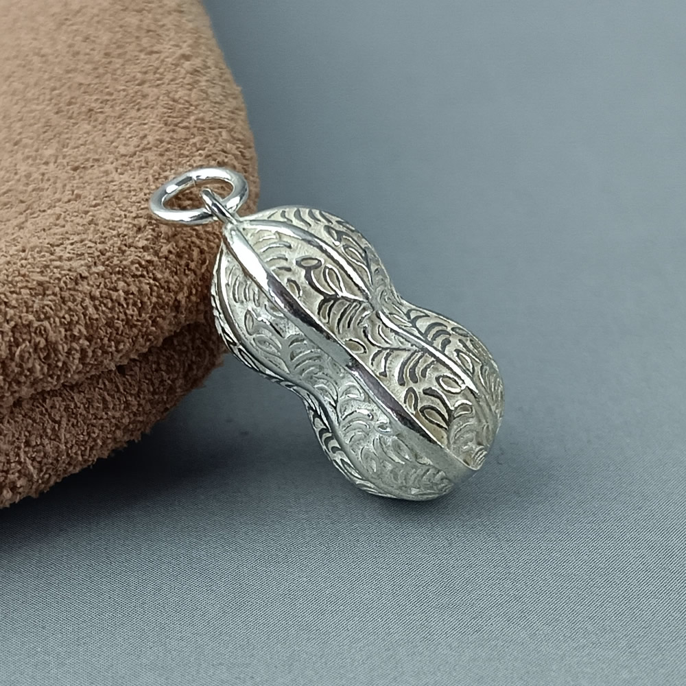Sterling Silver Pendant Carved Peanut Shape Lab Tested Anti Tarnish Scandinavian Ladies Jewelry Craft Findings