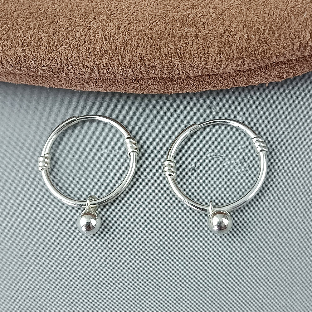 925 Sterling Silver, Adjustable Circle Ear Wires With Hanging Silver Bead, Handcraft Finished Earring Fitting