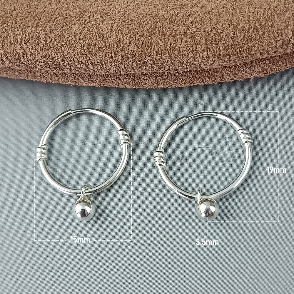 925 Sterling Silver, Adjustable Circle Ear Wires With Hanging Silver Bead, Handcraft Finished Earring Fitting
