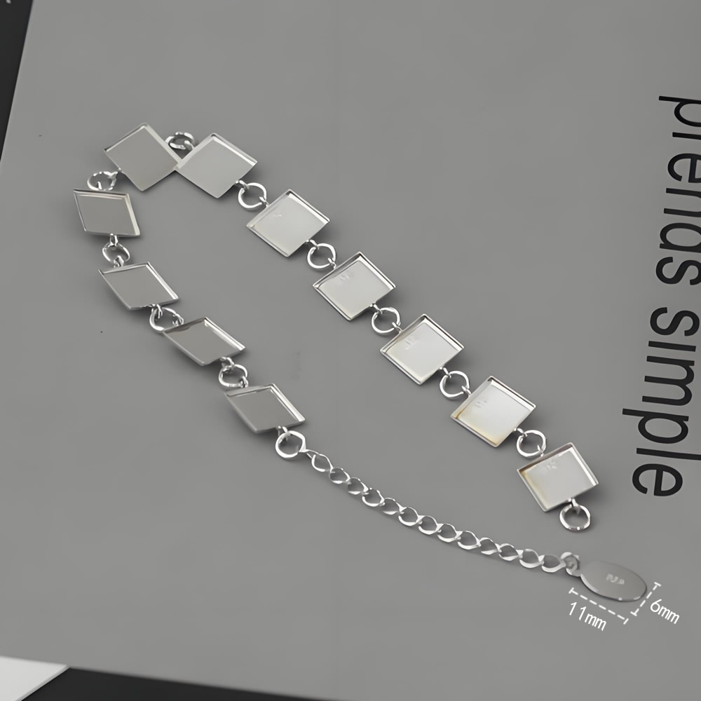 Sterling Silver Square Tile Bracelet Base Lab Verified Engravable Wrist Chain Blank