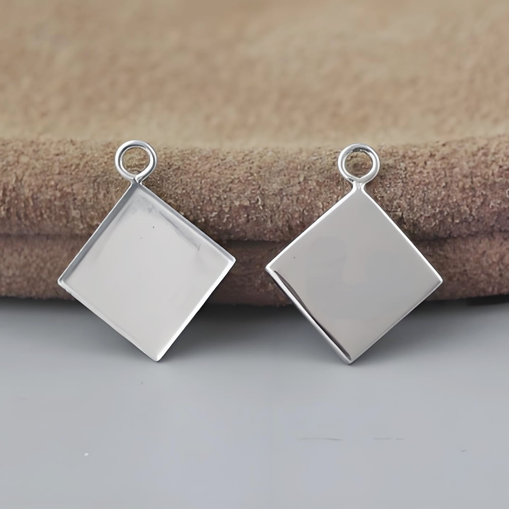 Sterling Silver Square Diamond Pendant Base Lab Verified Gemstone Setting Blank