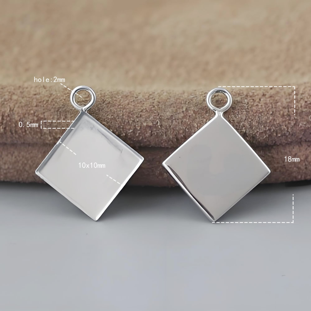 Sterling Silver Square Diamond Pendant Base Lab Verified Gemstone Setting Blank