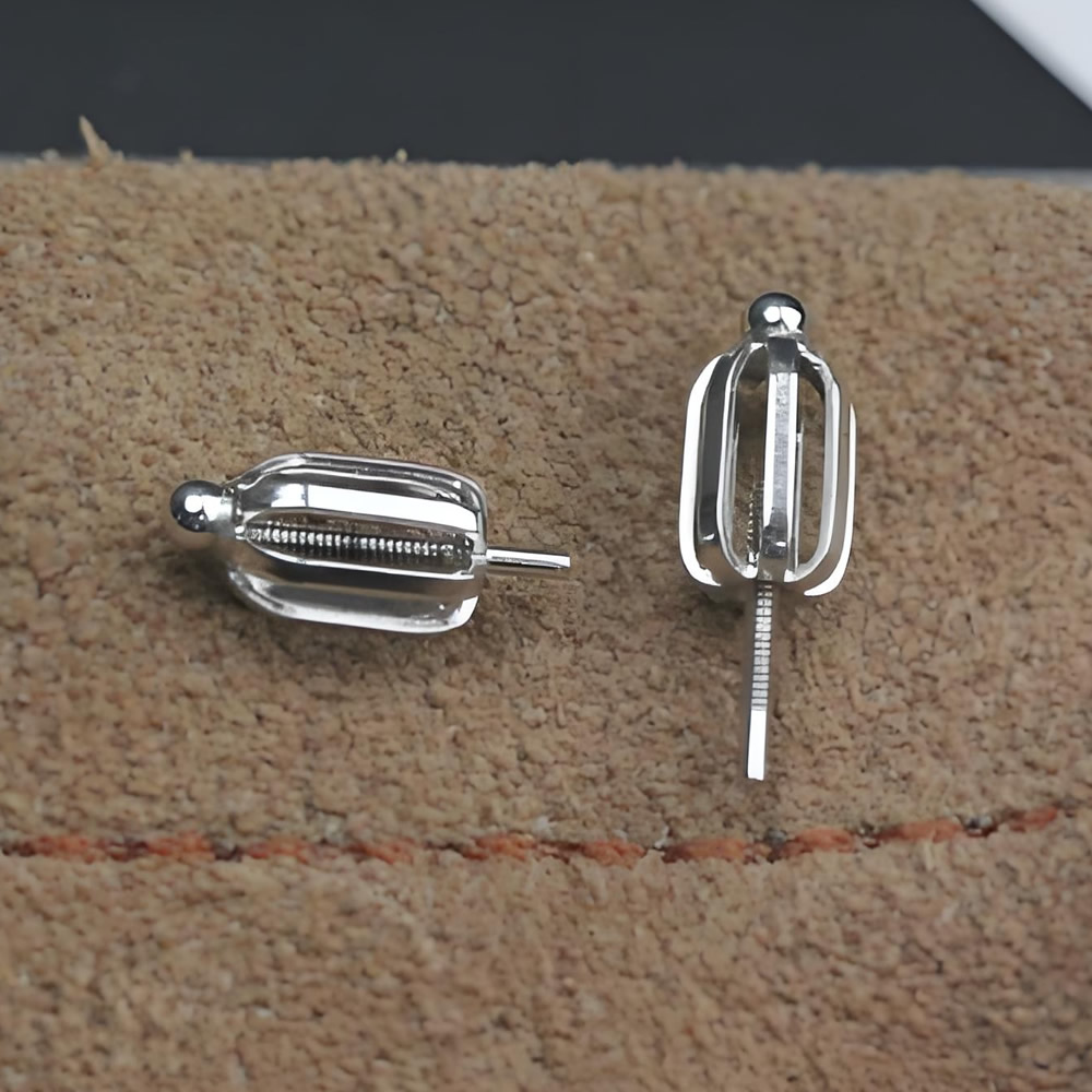 925 Sterling Silver Oval Cage Ear Stud Lab Verified Gemstone Setting Base