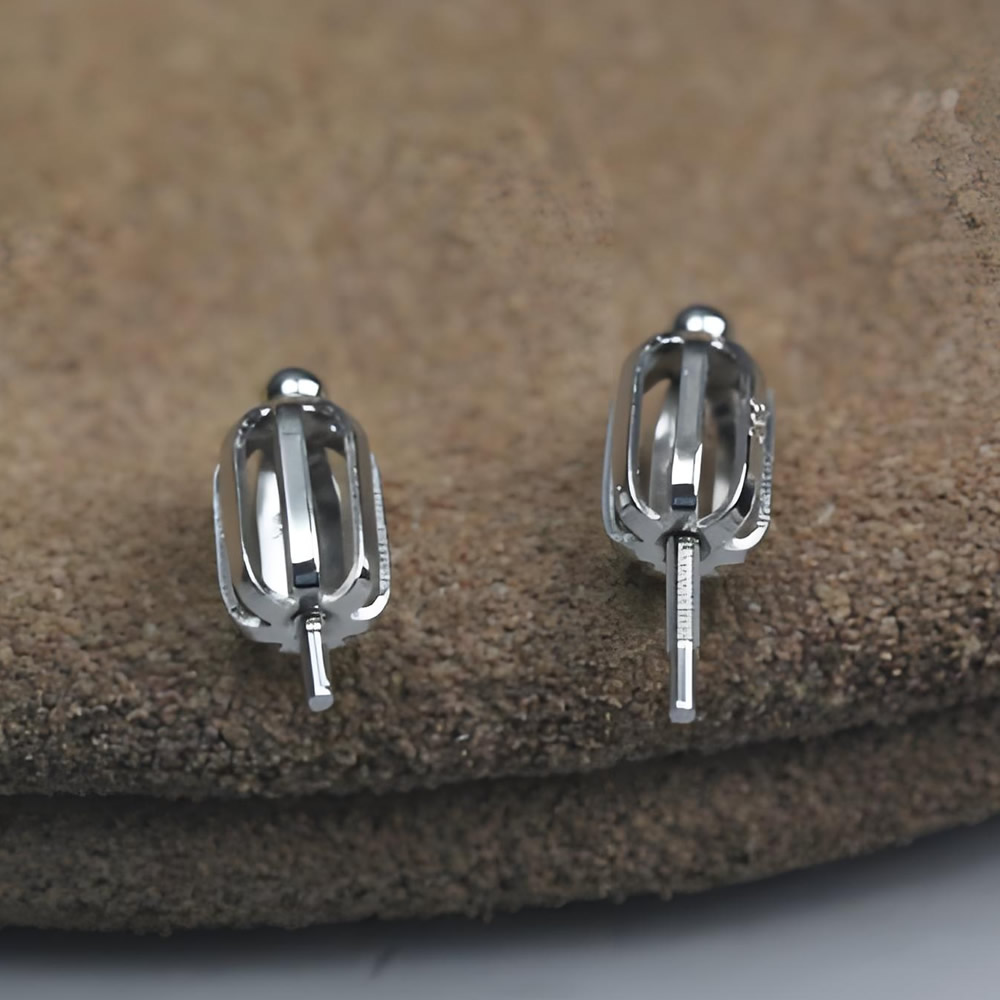 925 Sterling Silver Oval Cage Ear Stud Lab Verified Gemstone Setting Base