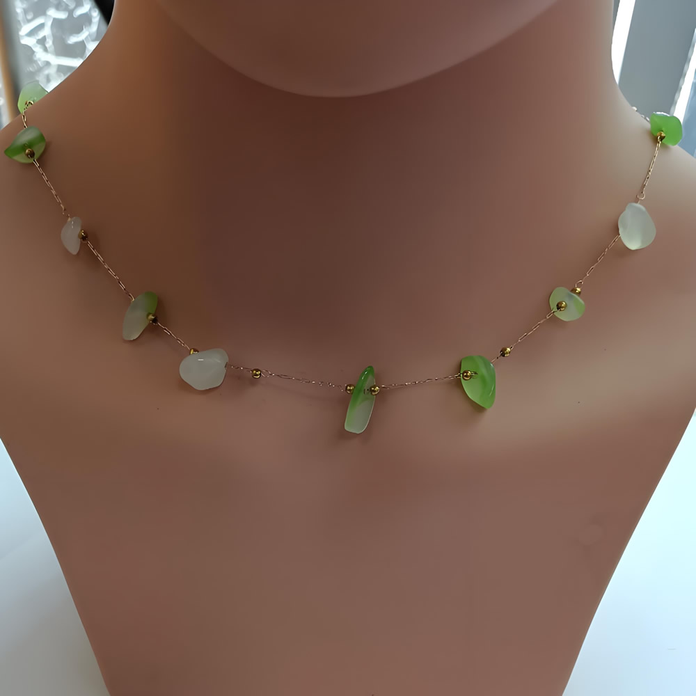 Stainless Steel Elegant Green Jade Choker Fresh Forest Style