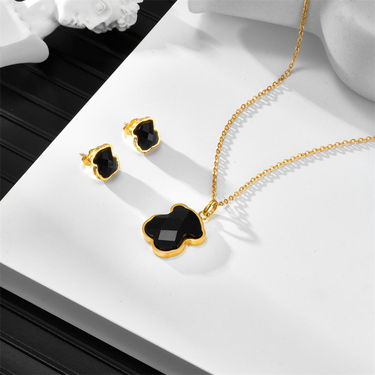 Stainless Steel Black Faceted Stone Bear Shape Jewelry Combo Handmade Craft Gifts Women Sweet Daily Wear Jewelry Findings