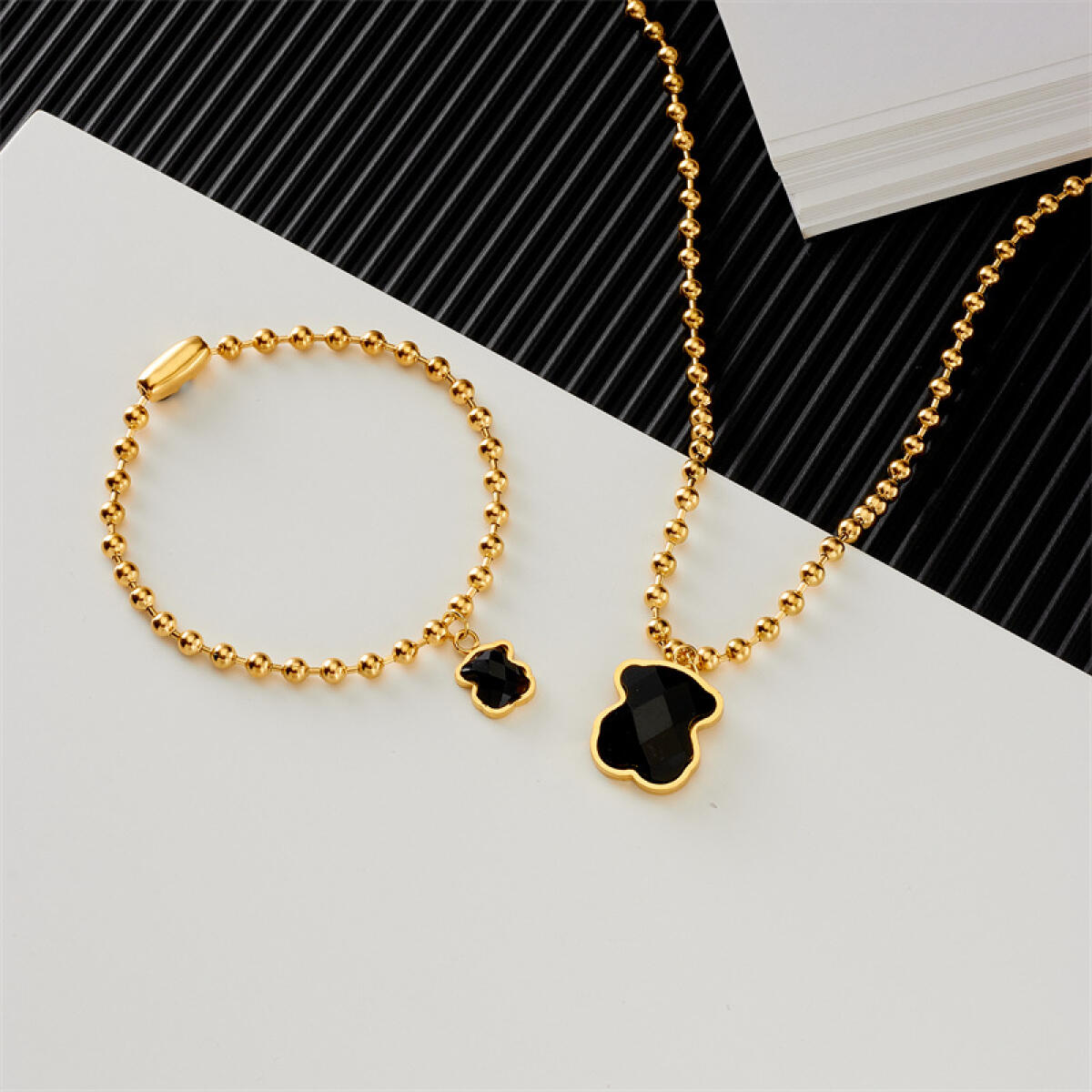 Stainless Steel Ball Chain Black Inlaid Bear Pendant Bracelet Necklace Combo Handmade Gifts Girls Jewelry Findings