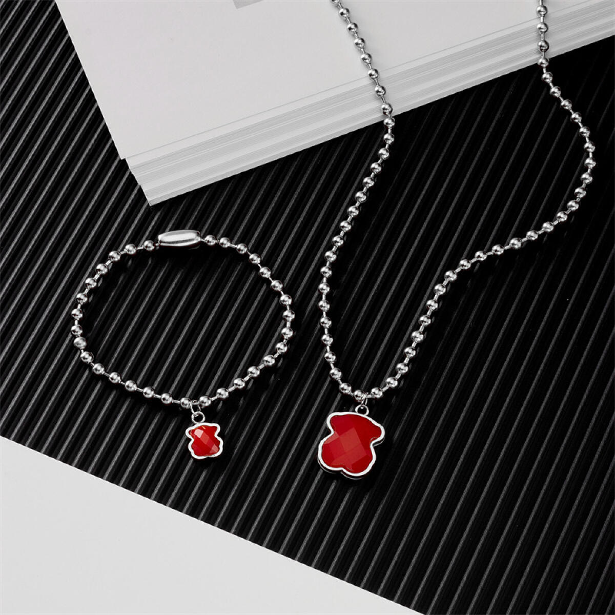 Stainless Steel Ball Chain Black Inlaid Bear Pendant Bracelet Necklace Combo Handmade Gifts Girls Jewelry Findings