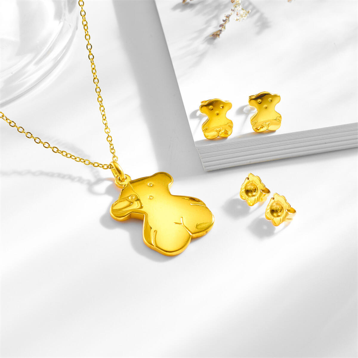 Stainless Steel Hypoallergenic Bear Earring Necklace Combo