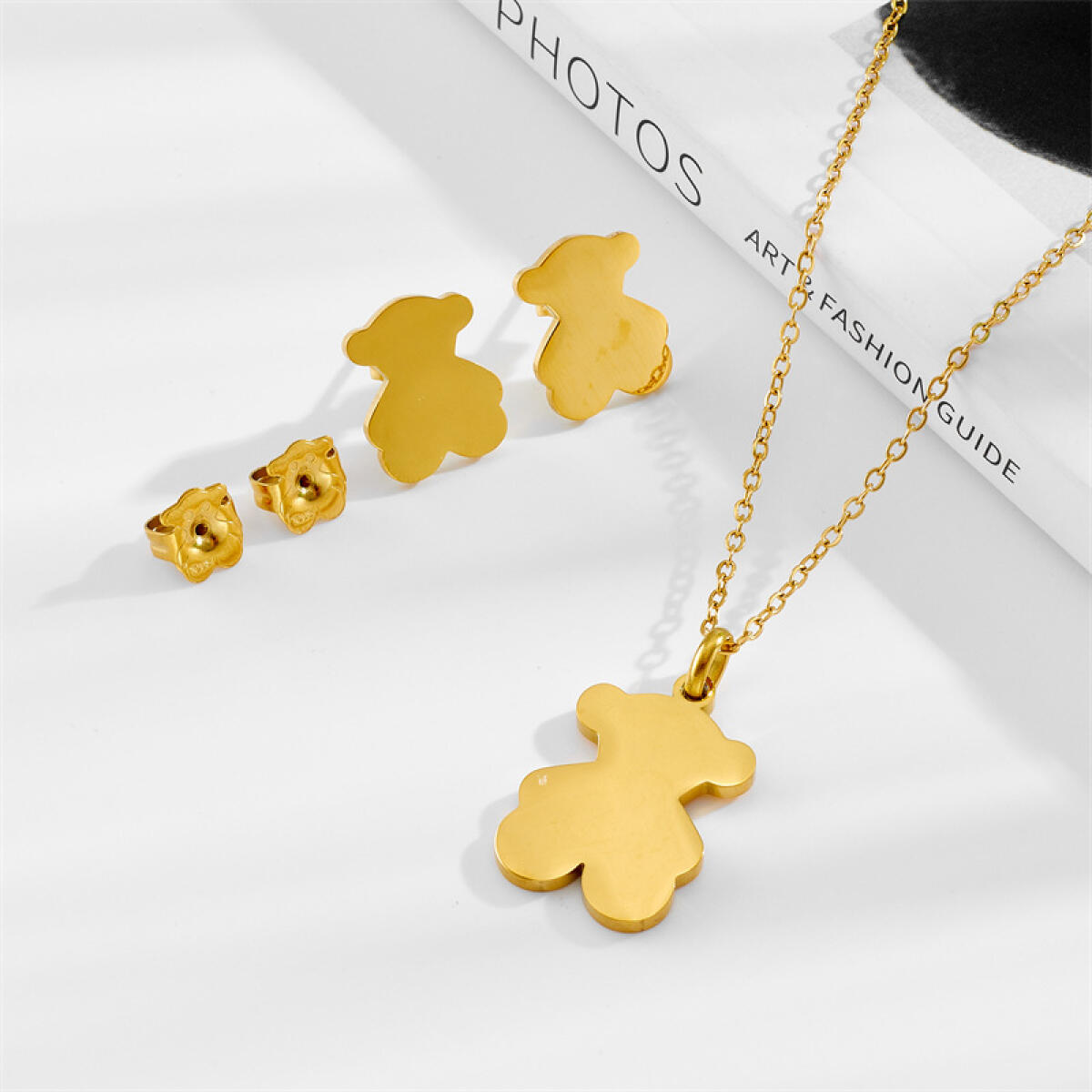 Stainless Steel Gloss Golden Plain Bear Jewelry Set Handmade Gifts Sweet DIY Necklace Earring Making Parts